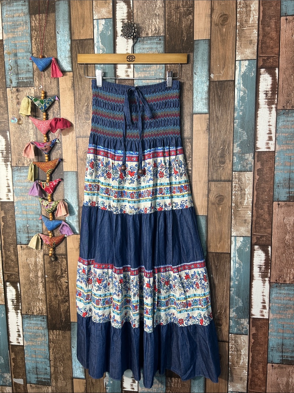 Denim Floral Tiered Maxi Skirt/dress with Smocked Waist